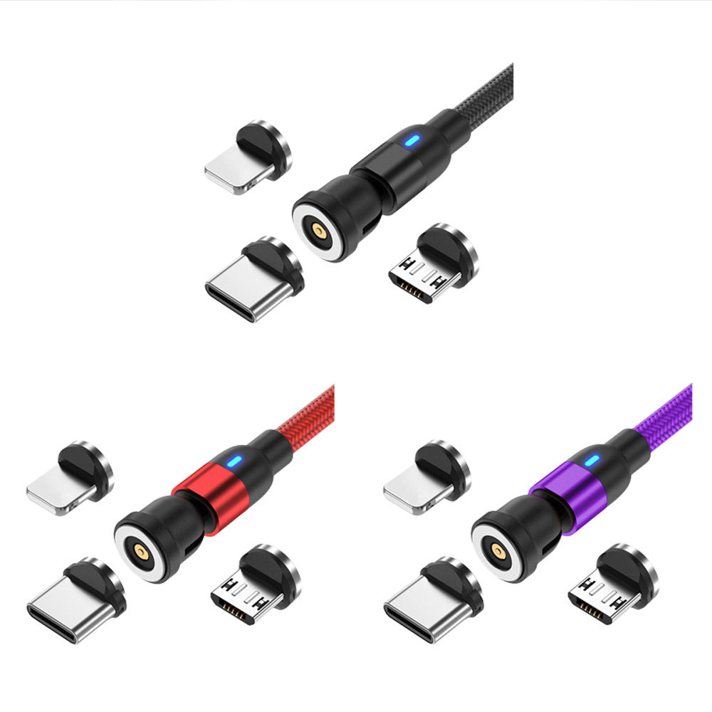 FC3020 540° 2.4A三合一磁吸旋轉彎頭充電線 1M／2M(蘋果／安卓／Type-C 編織軟線／車內可用)